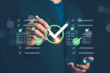 Digital checklist and approval workflow illustrating business document validation, task tracking,...