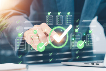 Digital checklist and approval workflow illustrating business document validation, task tracking, process optimization, quality verification, and efficient decision-making in modern digital operations