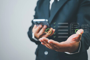 Digital checklist and approval workflow illustrating business document validation, task tracking, process optimization, quality verification, and efficient decision-making in modern digital operations