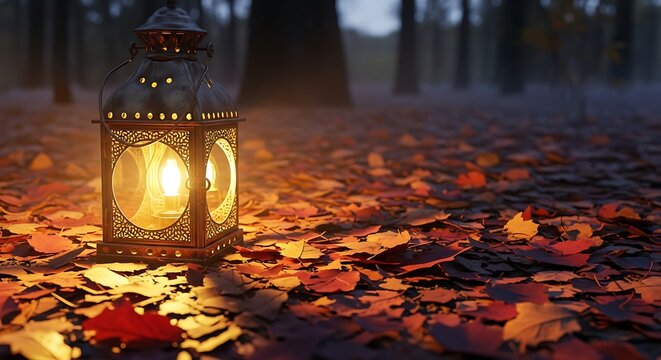Golden Lantern in the Forest: An enchanting golden lantern glows warmly amidst a carpet of autumn leaves in a mystical forest, creating a serene and inviting ambiance. - Powered by Adobe