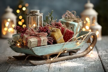 Elegant composition of a rustic wooden sleigh filled with colorful presents, sprinkled with artificial snow, illuminated by gentle, warm lighting for a cheerful holiday vibe