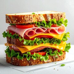 Delicious Double Decker Sandwich with Ham, Cheese, Lettuce, and Tomato.