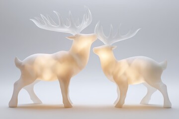 Elegant studio setting featuring translucent acrylic reindeer illuminated from below, casting soft shadows on a clean white background, evoking a festive mood