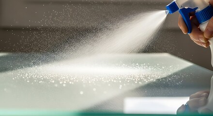 Spraying Cleaning Solution: A close-up view capturing the precise action of dispensing a cleaning solution through a spray bottle, showcasing the meticulous detail of sanitizing. 