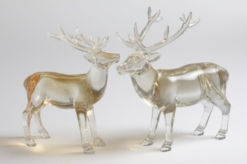 Elegant studio setting featuring translucent acrylic reindeer illuminated from below, casting soft shadows on a clean white background, evoking a festive mood