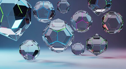 Abstract collection of glowing, faceted geometric crystal shapes floating in a dark, futuristic environment