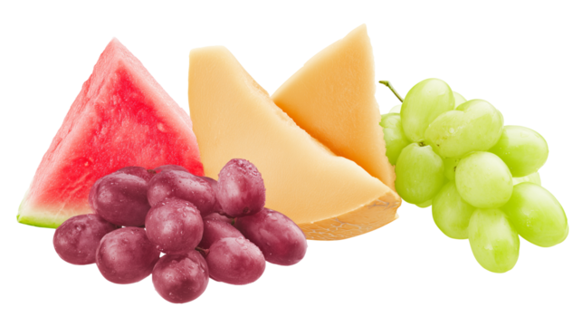 Fresh fruits including watermelon, cantaloupe, and grapes on transparent background - Powered by Adobe