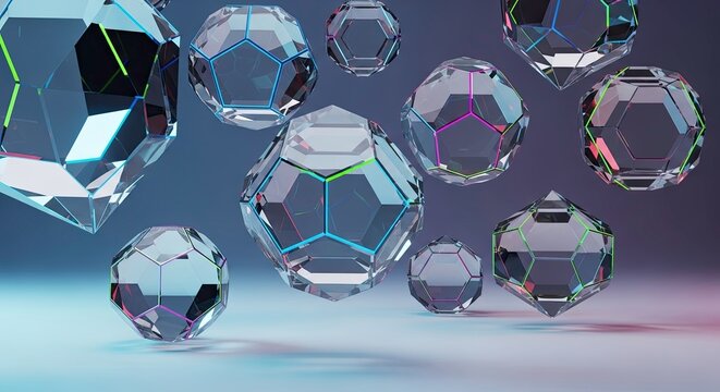 Abstract collection of glowing, faceted geometric crystal shapes floating in a dark, futuristic environment - Powered by Adobe