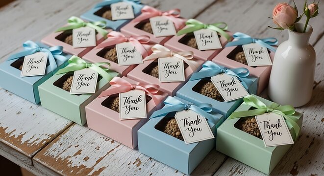 Gift Boxes with Gratitude: An array of pastel-colored gift boxes, each adorned with a ribbon and Thank You tag, presents a gesture of appreciation and thoughtfulness. Ideal for events.