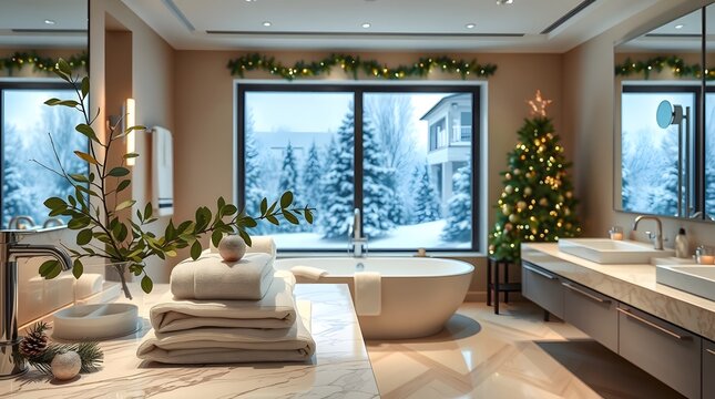 Festive bathroom with snowy view and christmas tree for holiday cheer
