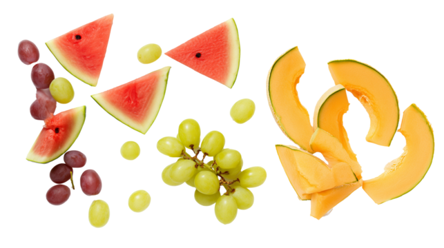 Fresh fruits including watermelon, grapes, and cantaloupe on transparent background