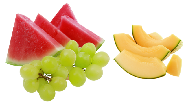 Assorted fresh fruits including watermelon, grapes, and cantaloupe on transparent background