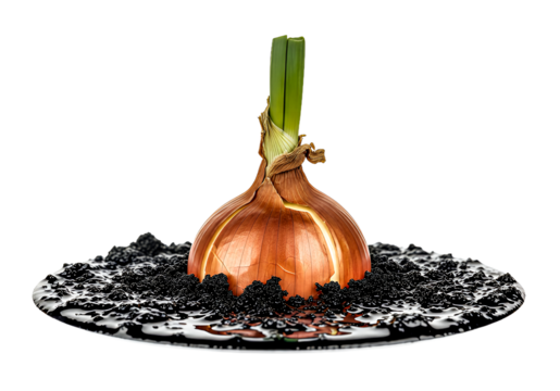 Golden onion bulb sprouting fresh green shoots in rich dark soil, a symbol of growth and natural goodness for farm-to-table freshness and healthy eating