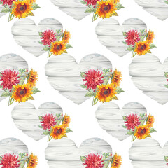 Watercolor seamless pattern with flower Dahlia and sunflower and heart shaped board with copy space on white background. Floral plant with green leaves. Wedding invite card. Wallpaper or wrapping