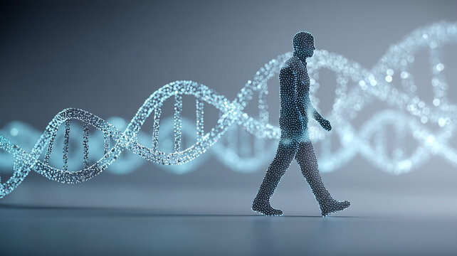 A human silhouette built from digital particles walking beside large DNA strands to symbolize biological identity and the connection between humanity and genetic information.
 - Powered by Adobe