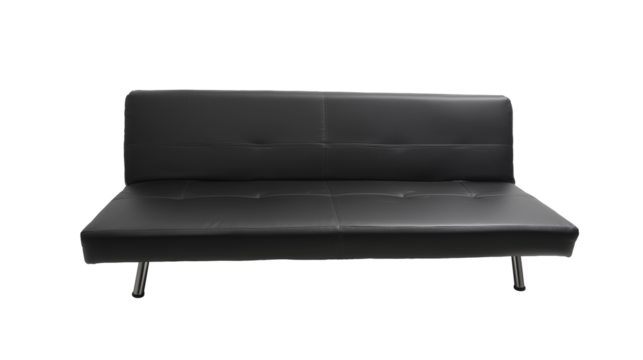 Sleek modern black leather sofa with metallic legs on transparent background
