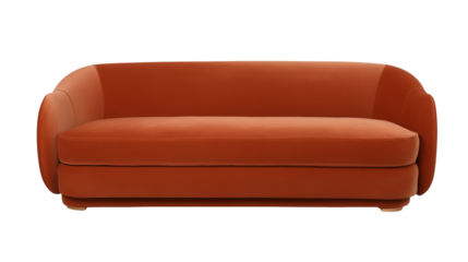 Modern orange sofa with wooden legs on transparent background