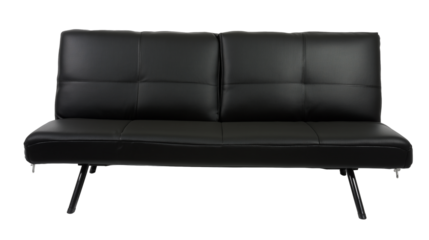 Sleek modern black leather sofa with minimalist design and tapered metal legs on transparent background