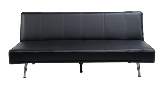 Sleek modern black leather sofa with polished metallic legs on transparent background