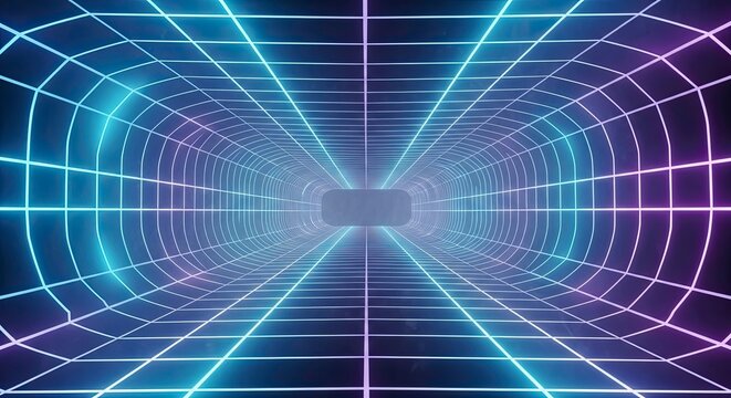 Abstract glowing neon grid tunnel in blue and purple colors creating a futuristic cyberspace or retro wave background