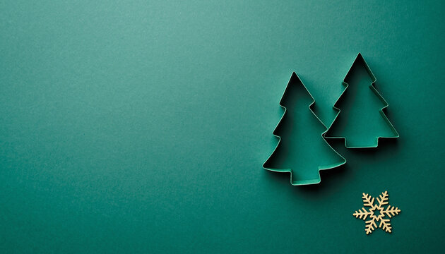 Two metal Christmas tree cookie cutters and a gold snowflake on a dark teal surface.