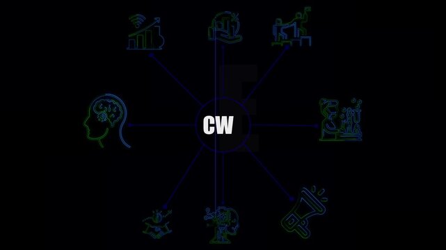 Glowing Neon CWE Network Animation showing global business icons, technology connections, and spreading network lines on a black background. Perfect 4K business concept video.