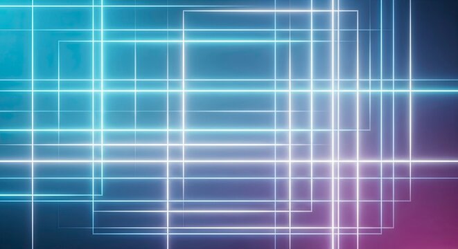 Abstract background with glowing neon light grid lines in shades of blue, cyan, and magenta creating a futuristic tunnel effect