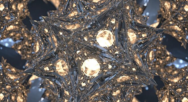 Abstract dark fractal star shape with glowing golden crystal facets and intricate geometric detail in a complex pattern