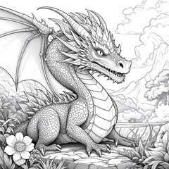 Detailed Dragon Coloring Page with Intricate Scales and Horns.