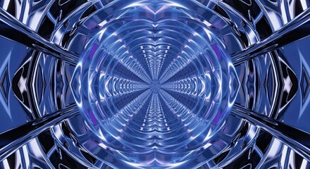 Abstract blue tunnel with glowing light effect creating a futuristic and symmetrical digital kaleidoscope pattern
