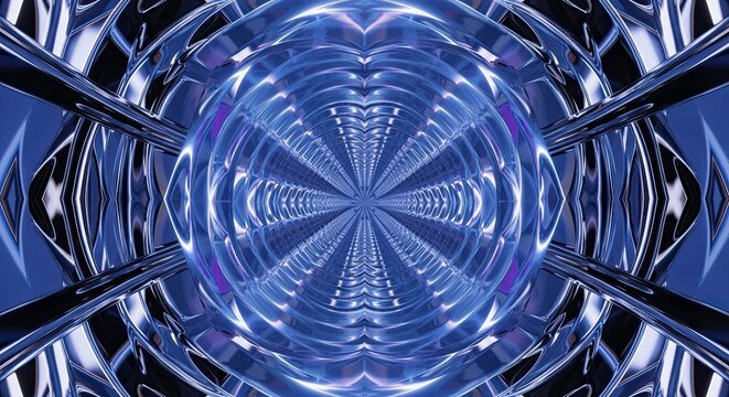 Abstract blue tunnel with glowing light effect creating a futuristic and symmetrical digital kaleidoscope pattern