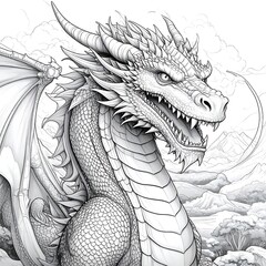 Detailed Dragon Illustration - Intricate Scales, Horns, and Fierce Expression.