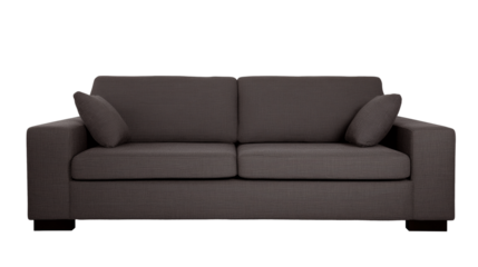 Modern minimalist sofa with dark gray fabric and dark wooden legs on transparent background