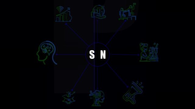 Glowing Neon SPN Network Animation showing global business icons, technology connections, and spreading network lines on a black background. Perfect 4K business concept video.