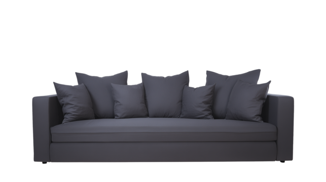 Contemporary minimalist sofa with dark gray upholstery on transparent background
