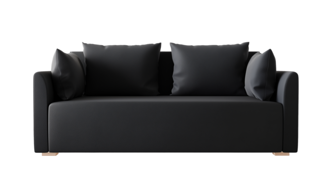 Modern black sofa with dark gray cushions and light wood legs on transparent background