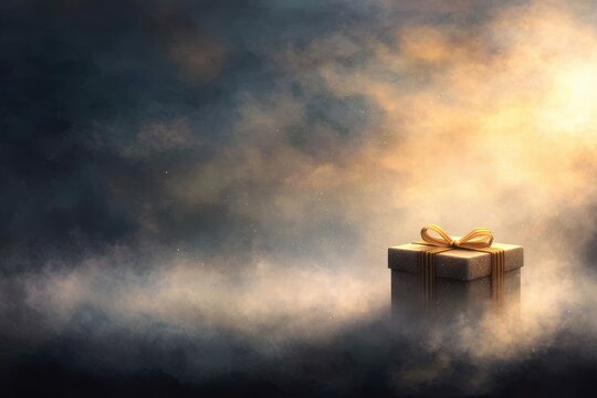 Contour of a gift box emerging from a misty haze, softly lit from below, evoking a magical holiday mood in a cinematic style