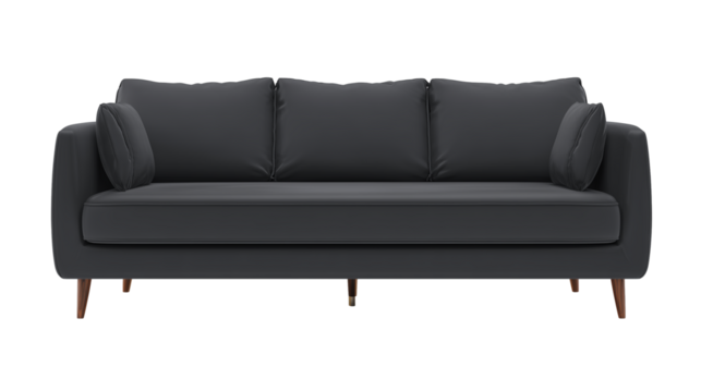 Modern low-profile sofa with dark gray fabric and light wood legs on transparent background