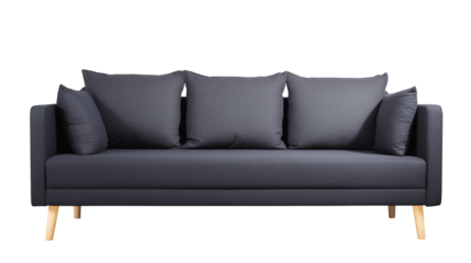 Modern minimalist sofa with dark gray upholstery and light wooden legs on transparent background
