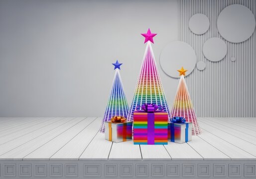 Colorful geometric christmas trees with presents isolated on white background