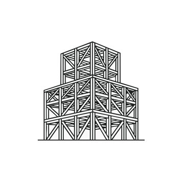 A detailed architectural illustration showcases a complex wooden frame structure, representing modern construction and design with geometric precision.