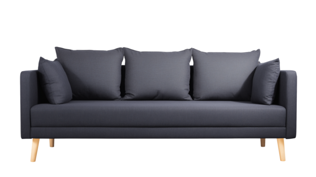 Modern minimalist sofa with dark gray upholstery and light wooden legs on transparent background - Powered by Adobe