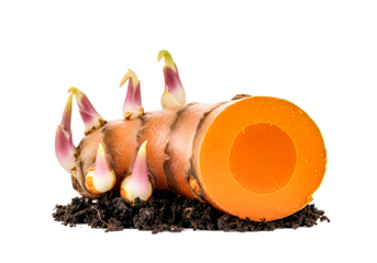 Freshly cut turmeric root on soil, a vibrant spice with potential for health and wellness visuals, perfect for recipes and food blog designs