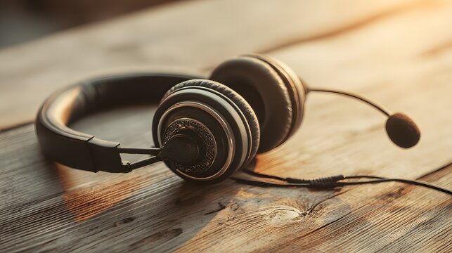 Vintage Headphones with Microphone Resting on a Rustic Wooden Table.