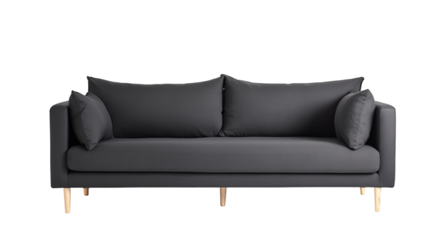 Modern minimalist sofa with dark gray upholstery and light wooden legs on transparent background