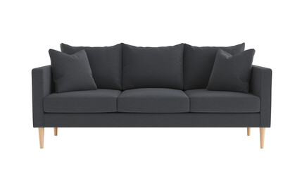 Modern minimalist sofa with dark gray upholstery and light wooden legs on transparent background
