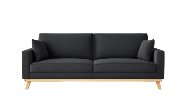 Modern minimalist sofa with dark gray upholstery and light wooden legs on transparent background
