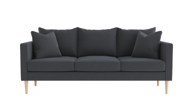 Modern minimalist sofa with dark gray upholstery and light wooden legs on transparent background