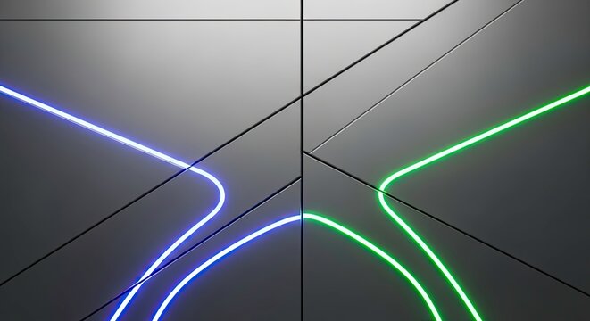Abstract background with glowing neon light trails in vibrant blue and green crossing over a dark metallic surface with geometric lines