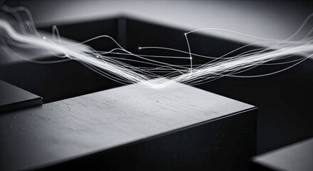 Abstract light stream flowing through a dark, geometric maze structure in a hightech digital concept